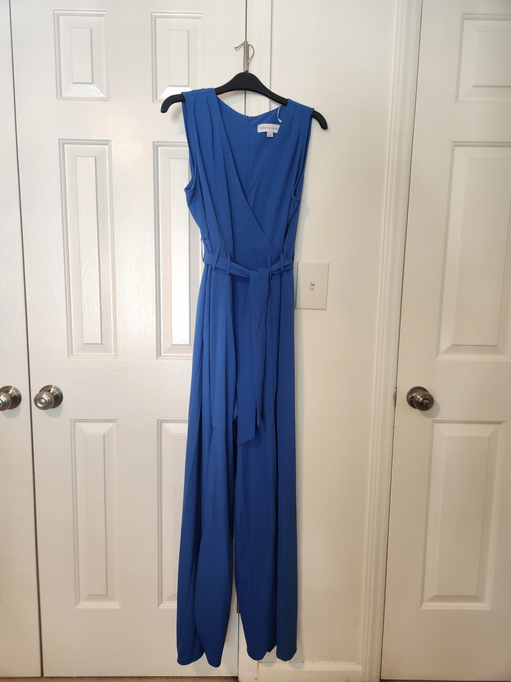 Emma & Michele Royal Blue Sleeveless Wrap Jumpsuit with Tie Waist
